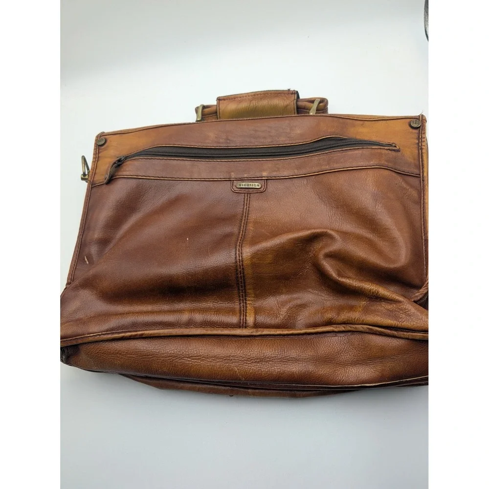 Hidesign Vintage Brown Leather Briefcase Plaid Lining Brass Hardware Messenger